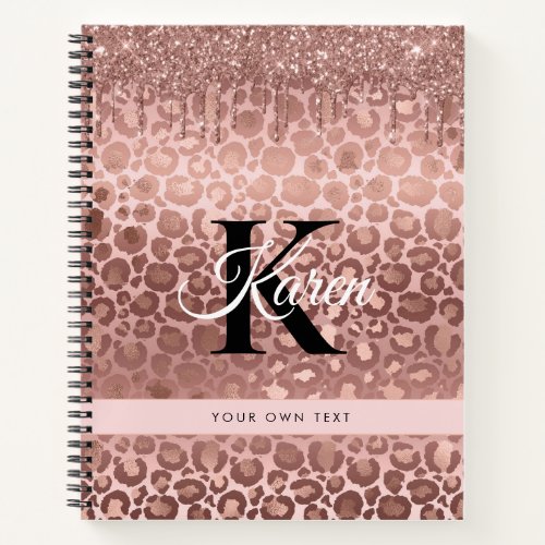 Chic Monogram Rose Gold Glitter Drips Leopard Notebook