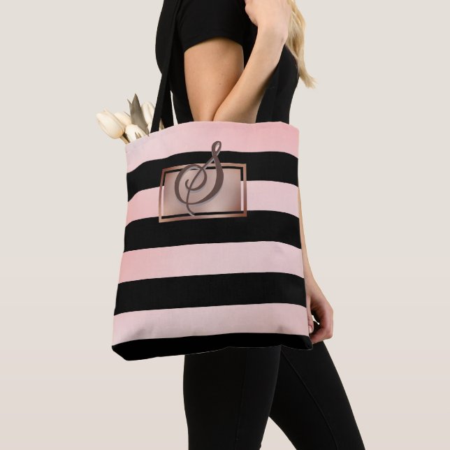 Chic Monogram Rose Gold Stripes Tote Bag (Close Up)