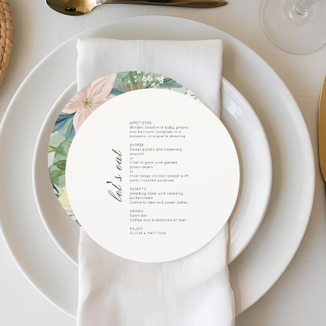 Chic Monogram Round Wedding Floral Menu Flat Card (Creator Uploaded)
