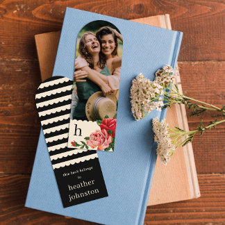 Chic Monogram Scallop Vintage Roses Photo Bookmark