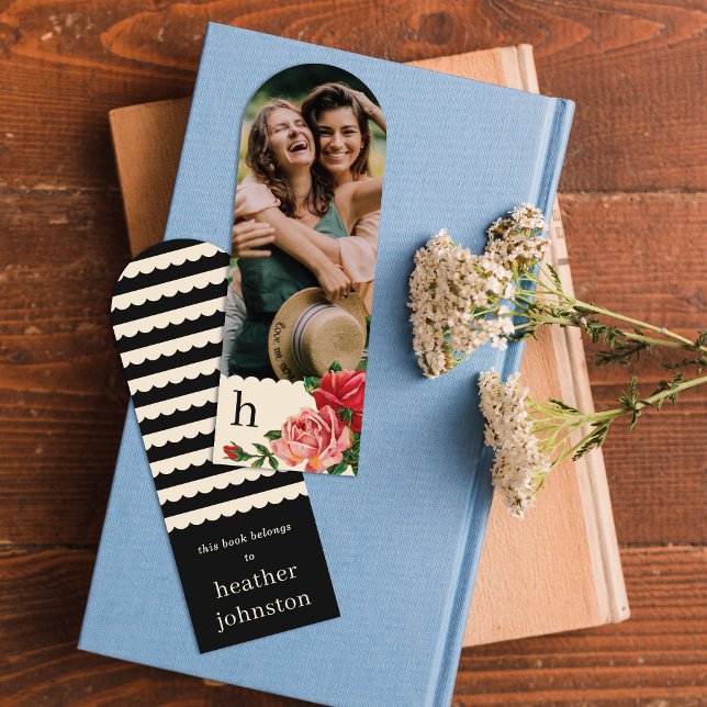 Chic Monogram Scallop Vintage Roses Photo Bookmark (Creator Uploaded)