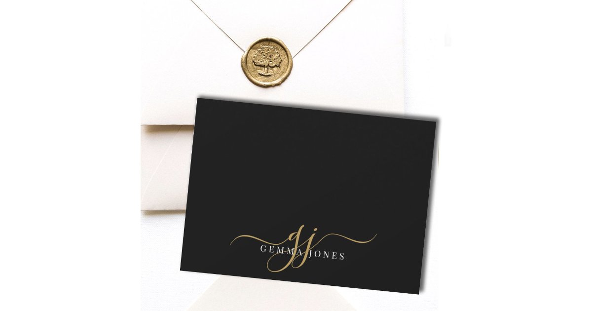 Chic Monogram Script Initials Gold Black Note Card | Zazzle