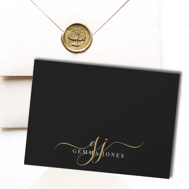 Chic Monogram Script Initials Gold Black Note Card | Zazzle