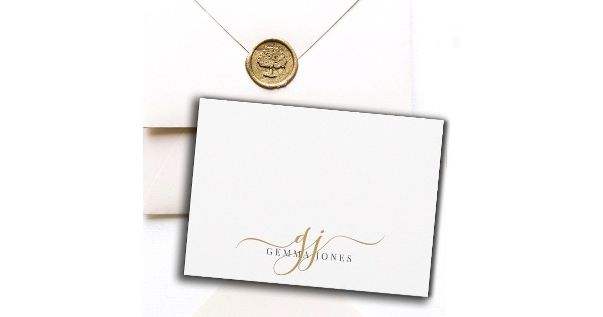 Chic Monogram Script Initials Gold Black On White Note Card | Zazzle