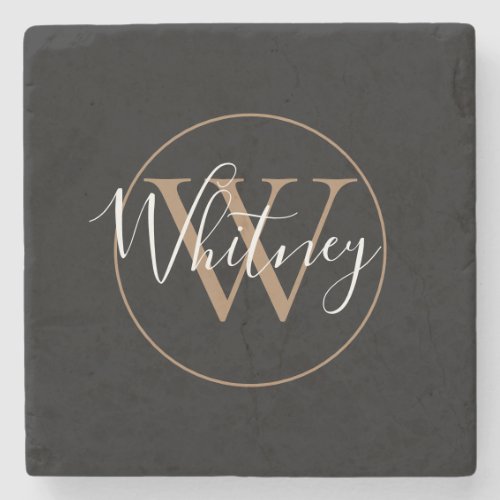 Chic Monogram Script Name Black Gold Stone Coaster