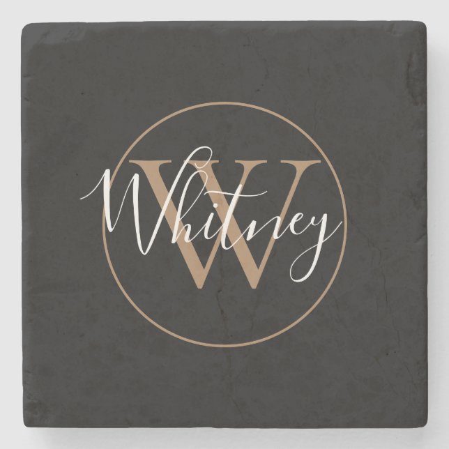 Chic Monogram Script Name Black Gold Stone Coaster (Front)