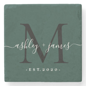 Chic Monogram Script Name Wedding Date Dark Green Stone Coaster