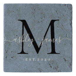  Chic Monogram Script Name Wedding Date Dusty Blue Trivet