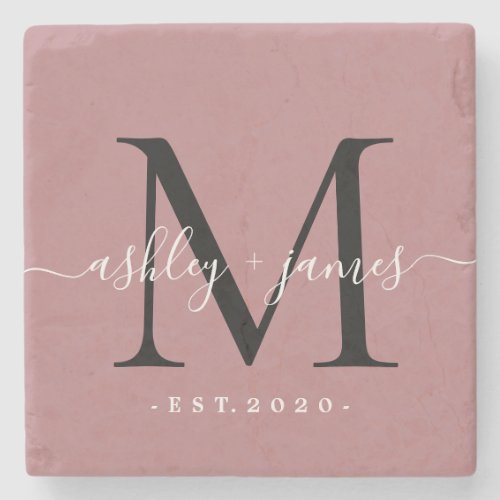  Chic Monogram Script Name Wedding Date Dusty Rose Stone Coaster