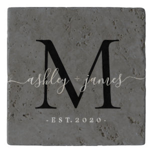 Chic Monogram Script Name Wedding Date Gray Trivet
