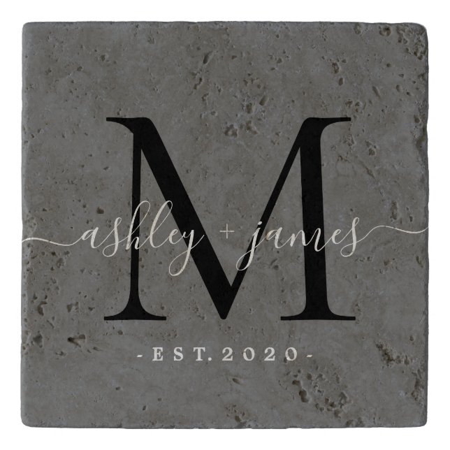  Chic Monogram Script Name Wedding Date Gray Trivet (Front)