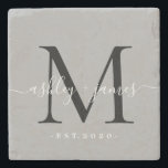 Chic Monogram Script Names Wedding Date Gray Stone Coaster<br><div class="desc">Chic, modern black monogrammed stone coaster with your names and year established in white elegant hand lettered script calligraphy with a black monogram on a gray background. Simply add your names, monogram and year established beneath. Stylish design and perfect luxury gift for the newlywed couple. If you need any help...</div>