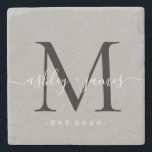 Chic Monogram Script Names Wedding Date Gray Stone Coaster<br><div class="desc">Chic, modern black monogrammed stone coaster with your names and year established in white elegant hand lettered script calligraphy with a black monogram on a gray background. Simply add your names, monogram and year established beneath. Stylish design and perfect luxury gift for the newlywed couple. If you need any help...</div>