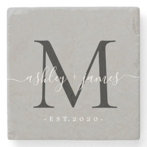Chic Monogram Script Names Wedding Date Gray Stone Coaster