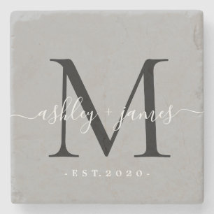  Chic Monogram Script Names Wedding Date Gray Stone Coaster
