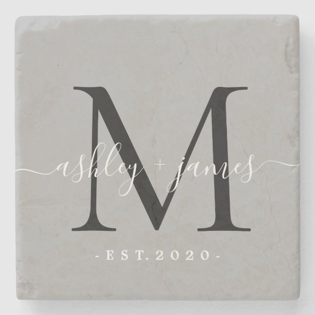  Chic Monogram Script Names Wedding Date Gray Stone Coaster (Front)