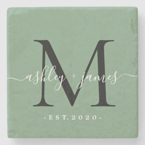  Chic Monogram Script Names Wedding Date Green Stone Coaster