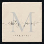 Chic Monogram Script Names Wedding Date Ivory Stone Coaster<br><div class="desc">Chic, modern monogrammed stone coaster with your names and year established in black elegant hand lettered script calligraphy with a silver gray monogram on an ivory background. Simply add your names, monogram and year established beneath. Stylish design and perfect luxury gift for the newlywed couple. If you need any help...</div>