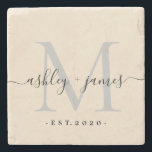 Chic Monogram Script Names Wedding Date Ivory Stone Coaster<br><div class="desc">Chic, modern monogrammed stone coaster with your names and year established in black elegant hand lettered script calligraphy with a silver gray monogram on an ivory background. Simply add your names, monogram and year established beneath. Stylish design and perfect luxury gift for the newlywed couple. If you need any help...</div>