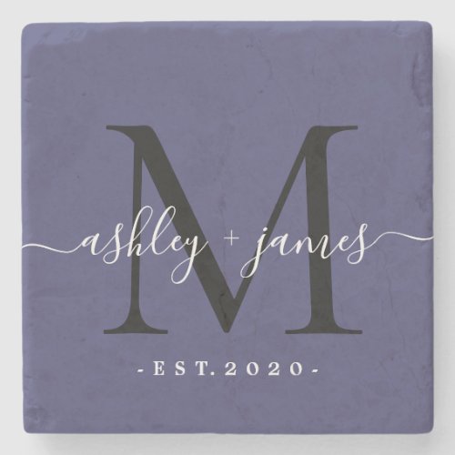  Chic Monogram Script Names Wedding Date Navy Blue Stone Coaster