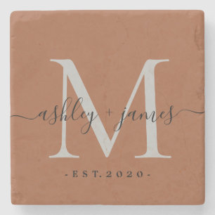 Chic Monogram Script TerraCotta Names Wedding Date Stone Coaster