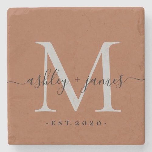 Chic Monogram Script TerraCotta Names Wedding Date Stone Coaster