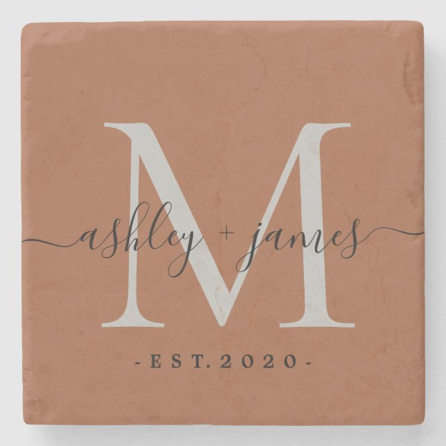 Chic Monogram Script TerraCotta Names Wedding Date Stone Coaster (Front)
