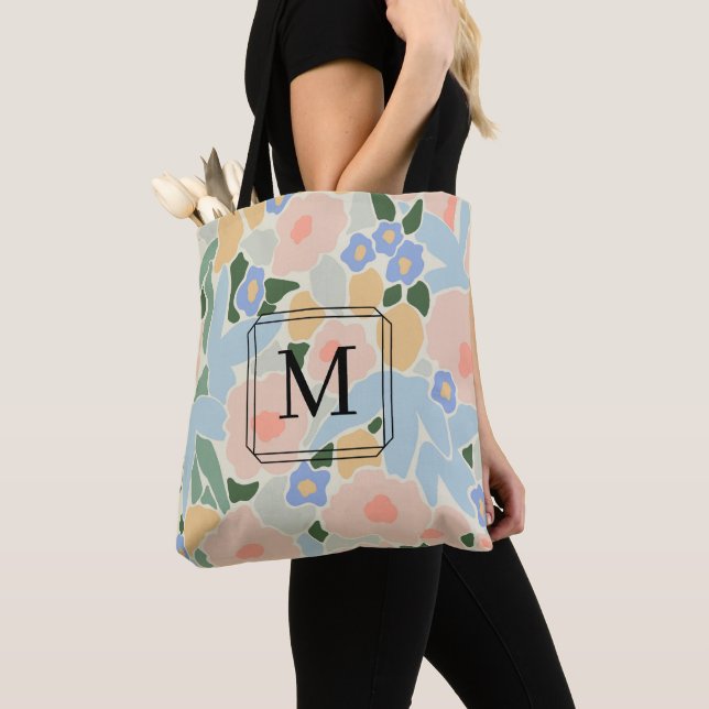 Chic Monogram Shades of Pink Blue Flower Pattern Tote Bag (Close Up)