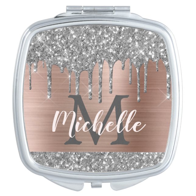 Chic Monogram Silver Glitter Drips Pink Metal Compact Mirror (Front)