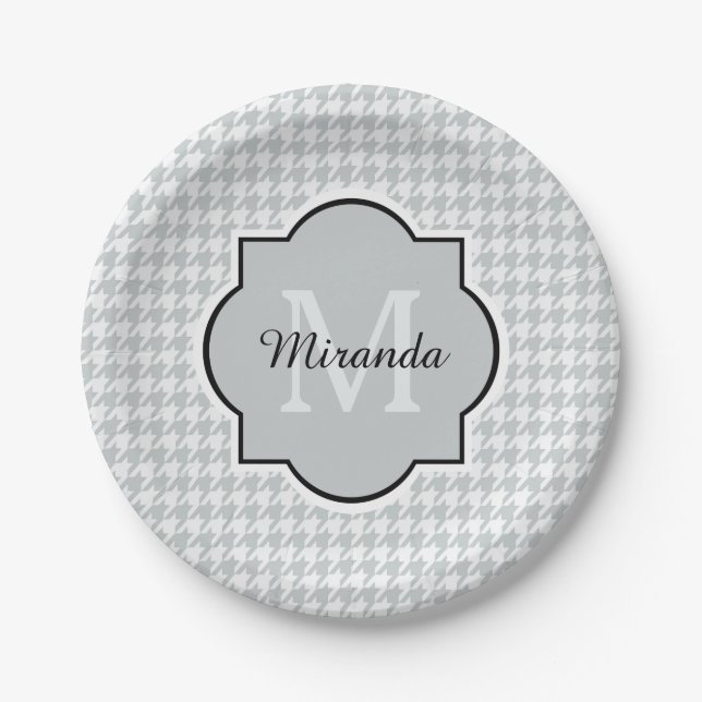 Chic Monogram Soft Gray Houndstooth With Name Paper Plates (Front)