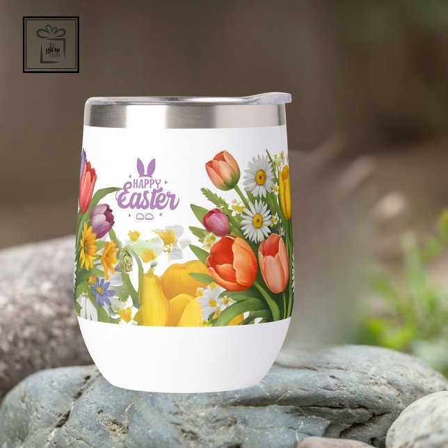 Chic Monogram Spring Bouquet Daffodil Tulip Daisy Thermal Wine Tumbler (Creator Uploaded)