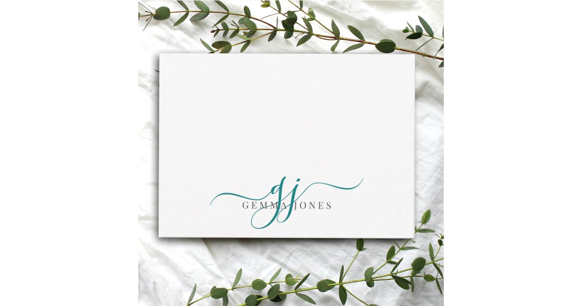Chic Monogram Teal Script Initials Note Card | Zazzle