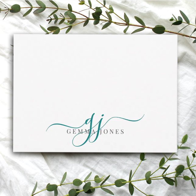 Chic Monogram Teal Script Initials Note Card (Creator Uploaded)