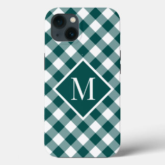 Chic Monogram Teal White Gingham Check Pattern iPhone 13 Case