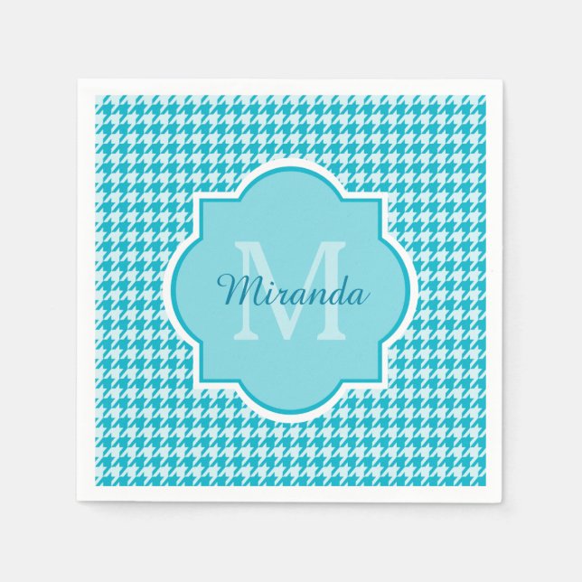 Chic Monogram Turquoise Houndstooth With Name Paper Napkins (Front)