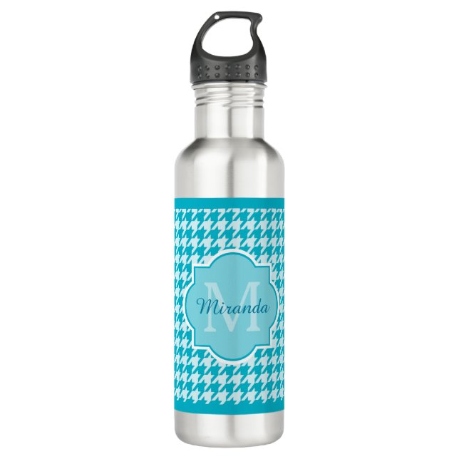 Chic Monogram Turquoise Houndstooth With Name Water Bottle (Front)