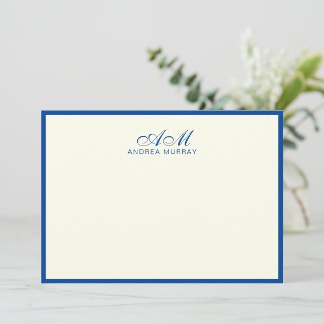 Chic Monogram Two Border Navy Blue Ivory Note Card (Standing Front)
