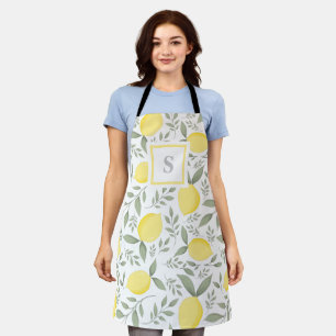 Chic Monogram Watercolor Lemon Foliage Apron