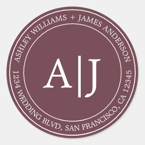 Chic Monogram Wedding Return Address Burgundy Classic Round Sticker