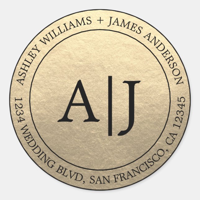 Chic Monogram Wedding Return Address Gold Classic Round Sticker (Front)
