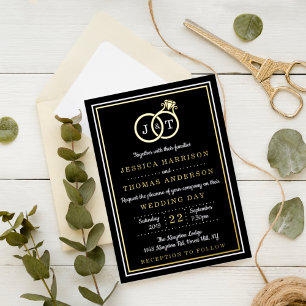 Chic Monogram Wedding Rings Real Foil Invitation