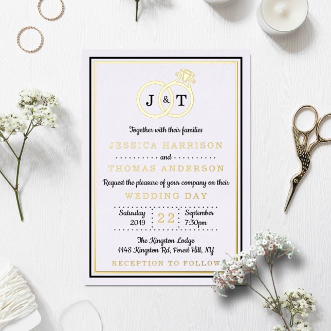 Chic Monogram Wedding Rings Real Foil Invitation (Creator Uploaded)