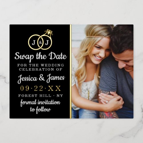 Chic Monogram Wedding Rings Save Or Swap The Date Foil Invitation Postcard