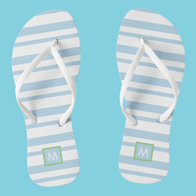 Chic Monogram White andLight Blue Stripes Flip Flops (Creator Uploaded)