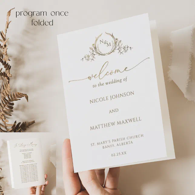 Chic Monogram White Gold Wedding Foldable Program | Zazzle