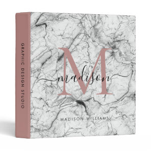 Chic Monogram White Rose Gold Marble Girly Script 3 Ring Binder