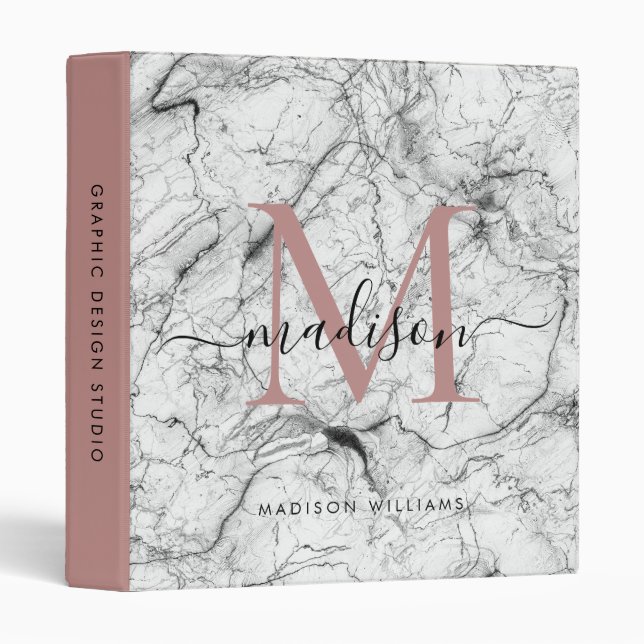 Chic Monogram White Rose Gold Marble Girly Script 3 Ring Binder (Front/Spine)