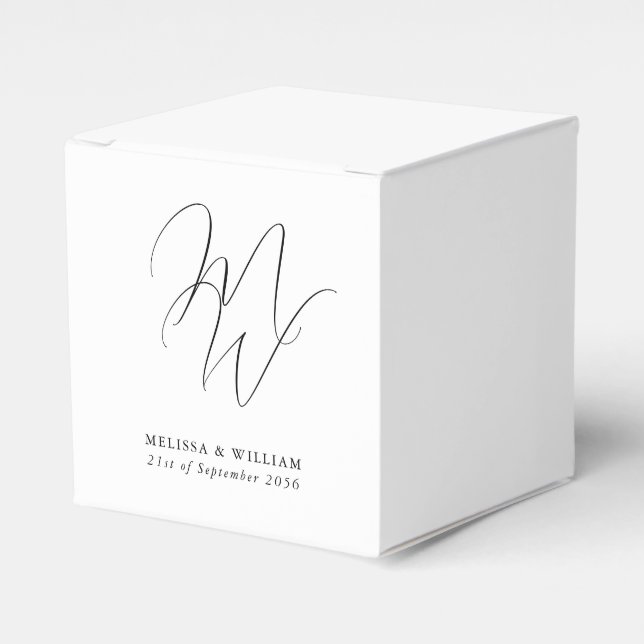 Chic Monogram White Wedding Favor Boxes (Front Side)