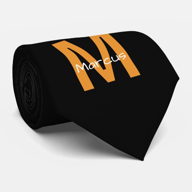 Chic Monogrammed Black Orange Neck Tie (Rolled)