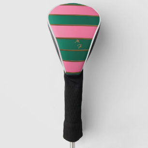Chic Monogrammed Bold Pink & Green, Gold Striped  Golf Head Cover